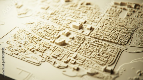 Detailed relief model of a city, showcasing urban planning and architecture.