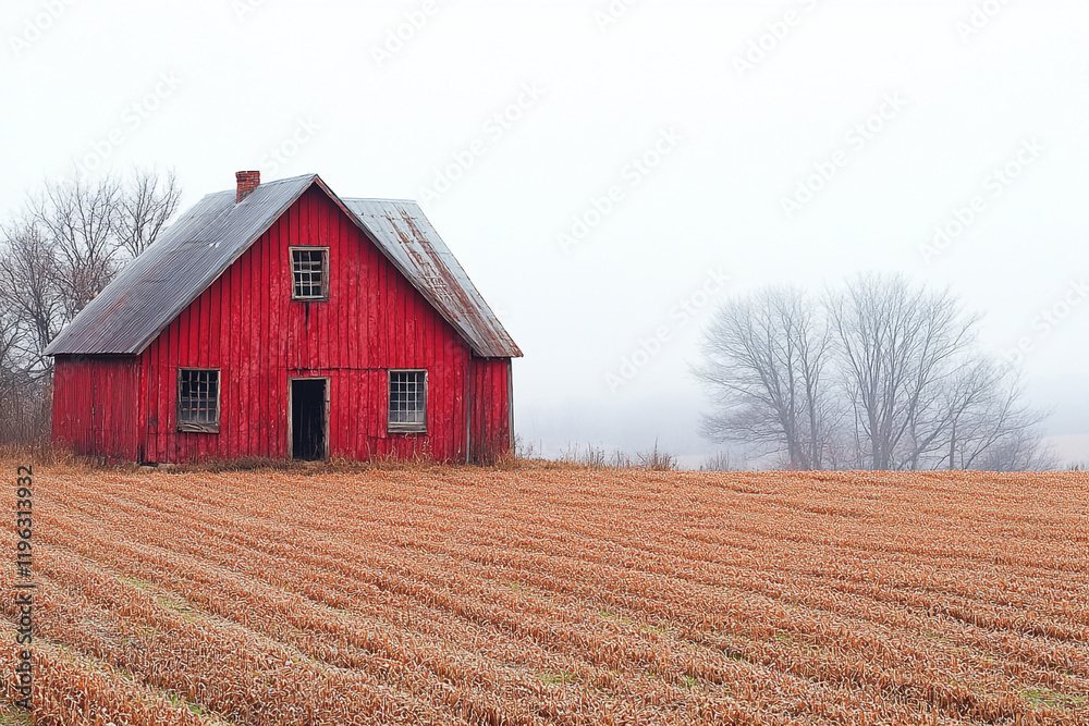 Obraz premium Red Barn Stands Alone in a Winter Field