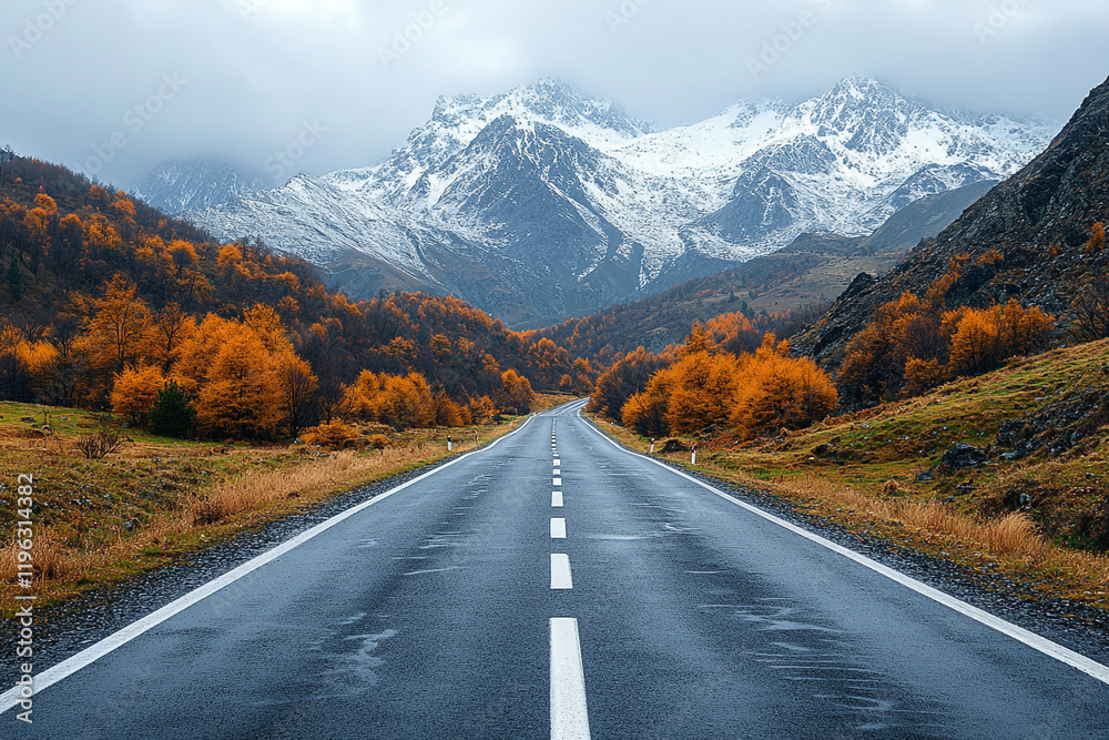 Autumnal Road Leading Through Majestic Snowcapped Mountains Autumnal Road Leading Through Majestic Snowcapped Mountains