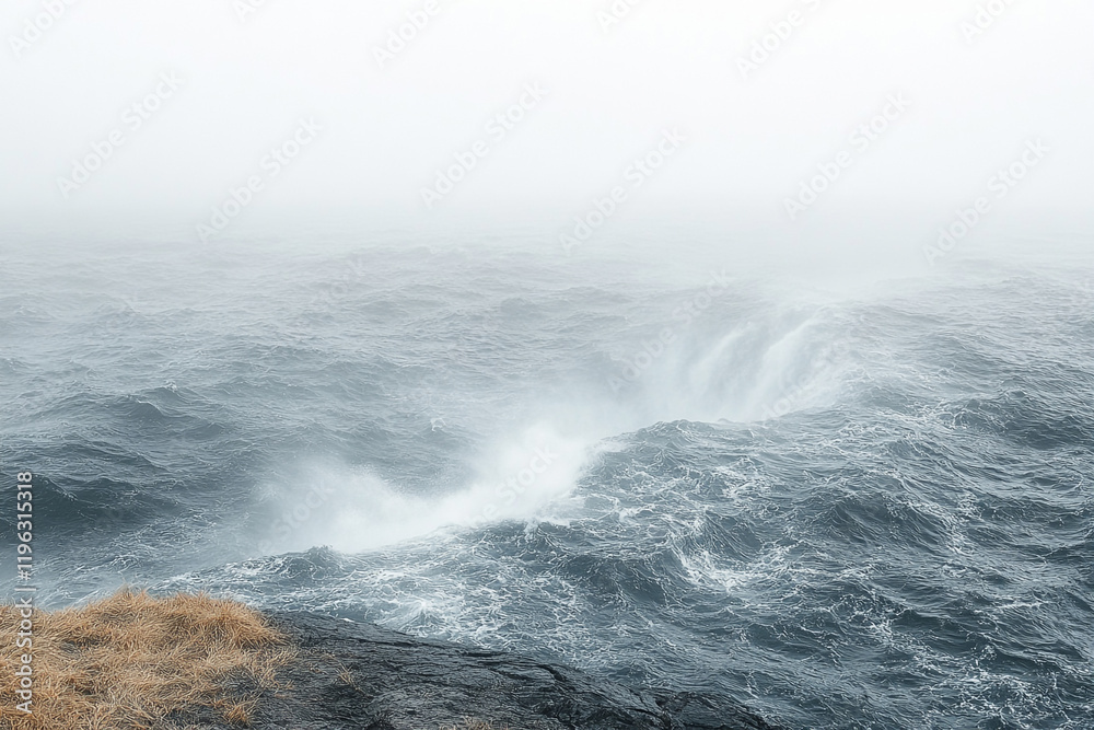 Fototapeta premium Dramatic Ocean Waves Crashing Against Foggy Shore
