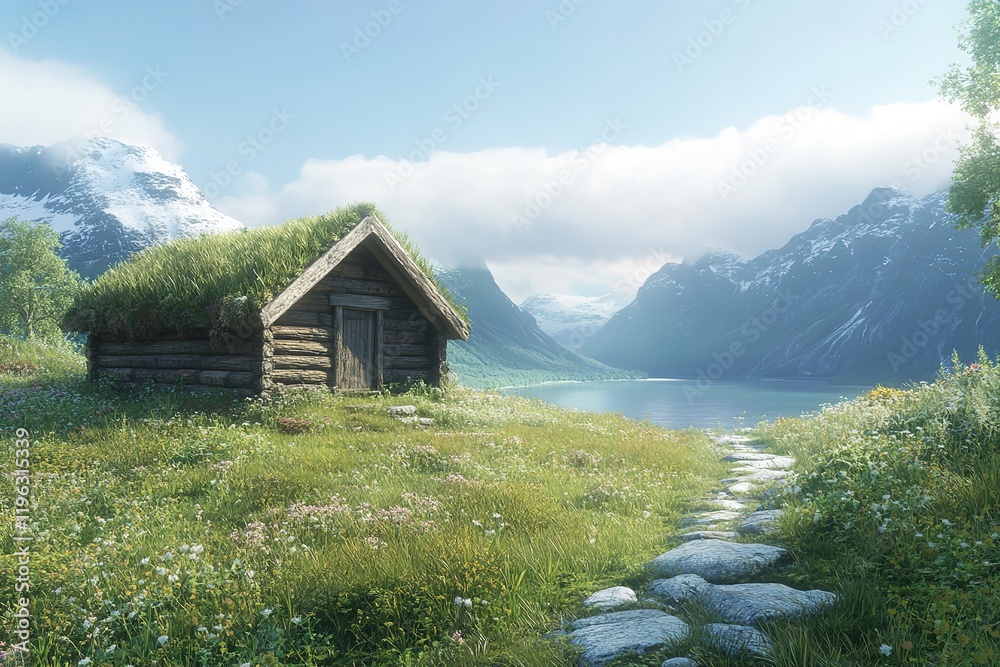 Fototapeta premium Charming Grass-Roofed Cabin in a Fairytale Setting, Rustic Wilderness Retreat, Idyllic Escape wood 