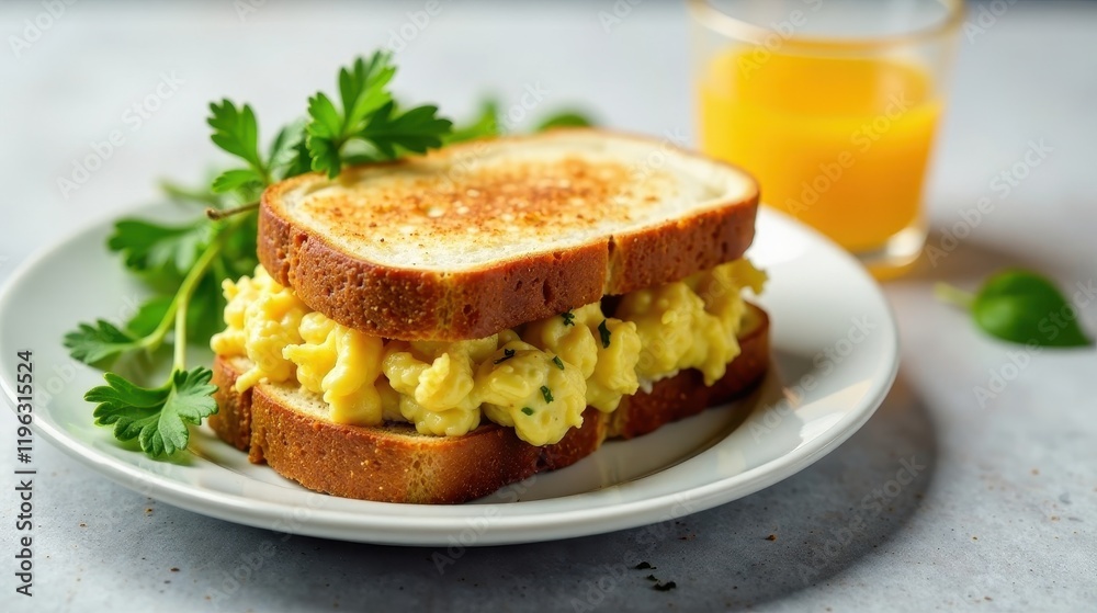 Scrumptious toasted bread sandwich filled with creamy scrambled eggs and fresh herbs, served on a plate with a glass of orange juice nearby. Scrumptious toasted bread sandwich filled with creamy scrambled eggs and fresh herbs, served on a plate with a glass of orange juice nearby.