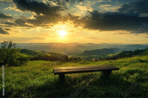 Serene Hilltop Bench: Rustic Wooden Seat overlooking lush green hills and valleys, peaceful         