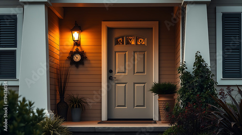 Inviting Home Entrance at Dusk: Warm Lighting and Landscaping Enhance Curb Appeal photo