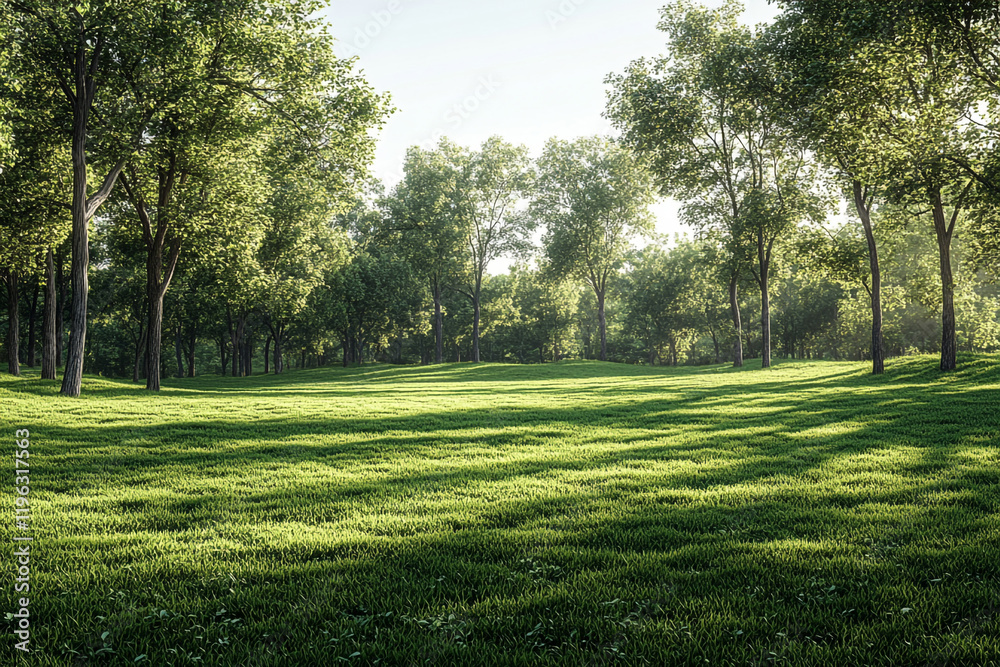 Obraz premium Lush Green Meadow Surrounded by Tall Summer Trees