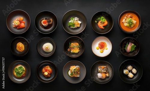 Gourmet tasting menu, overhead, dark background, restaurant