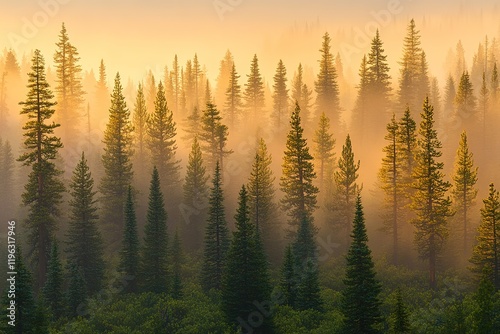 Enchanted Misty Forest: Tall Trees, Green Canopy, Foggy Wonderland, Serene Nature Escape art view   