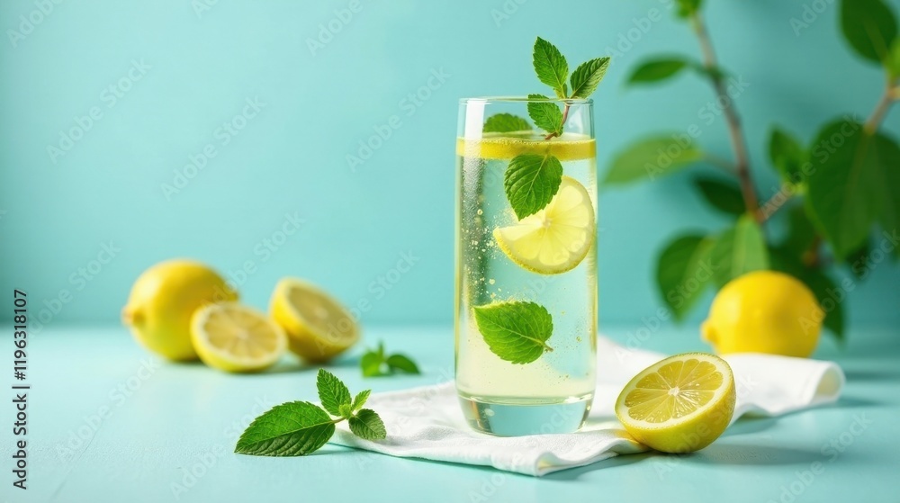 Fototapeta premium Refreshing Lemon and Mint Beverage in a Tall Glass with Slices of Lemon and Fresh Mint Sprigs on a Light Blue Background