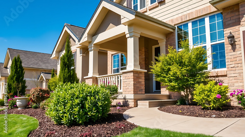 Luxury Home Exterior: Brick House with Landscaping and Porch. Beautiful Residential Property with Modern Design and Spacious Garden. Ideal Family Home in a Charming Neighborhood.