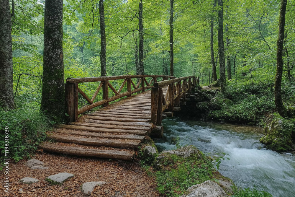 Fototapeta premium Wooden Bridge Spanning Forest Stream in Lush Green Woods