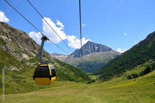 Alpine Cable Car Ride: Breathtaking Green Views of the Majestic Alps sky peak hills Italy photo image