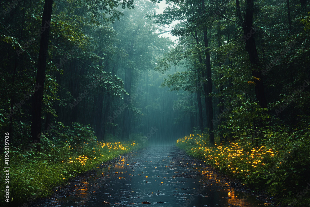 Obraz premium Rain falls on a forest path glowing with flowers
