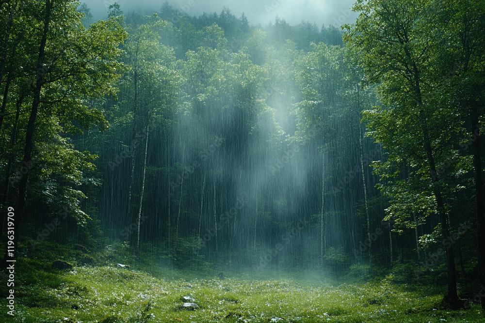 Obraz premium Rain Falling Through Lush Green Forest Canopy