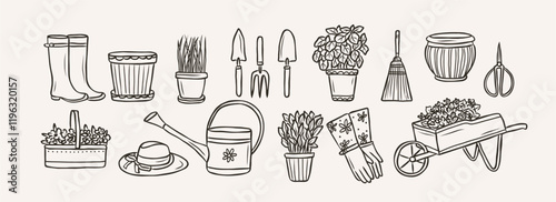 Hand drawn gardening tools collection. Cottagecore style