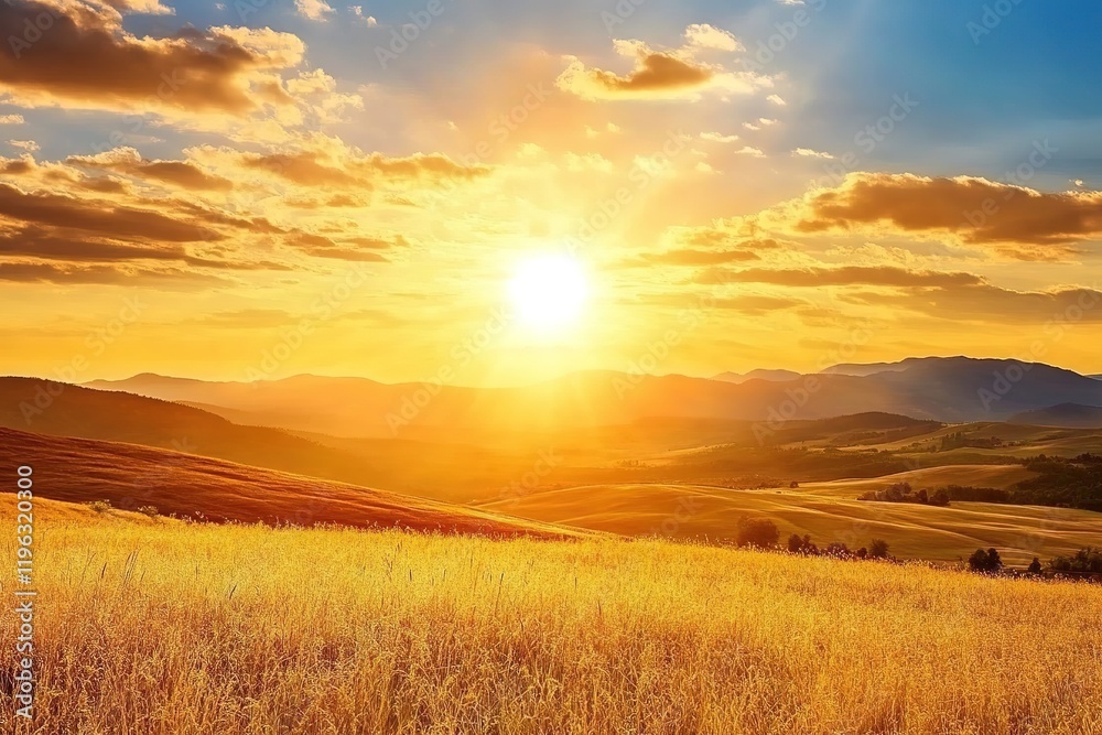 Fototapeta premium Golden Hour Sunset: Serene Rolling Hills Landscape Panorama sky calm view rural field grass image 