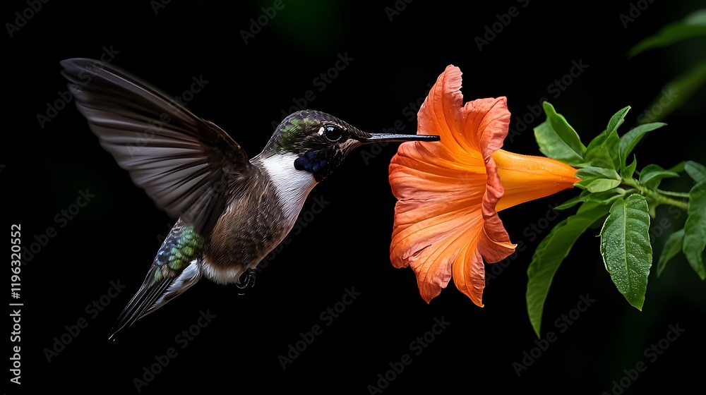 Fototapeta premium A hummingbird hovering near a vibrant orange hibiscus flower in a lush green garden backdrop