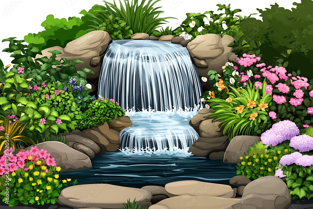 Obraz premium Serene Waterfall Oasis: Lush Floral Garden and Cascading Water Feature