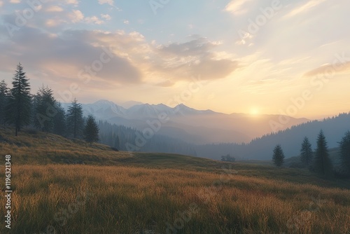 Majestic Carpathian Sunrise: Misty Mountain Peaks, Golden Hour Glow Fog Sky Dawn View Calm Hill Light