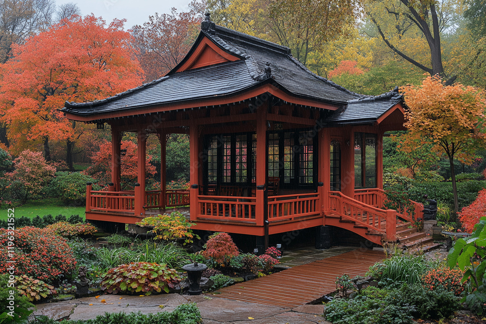 Autumnal Rain Upon a Japanese Garden Pavilion Autumnal Rain Upon a Japanese Garden Pavilion