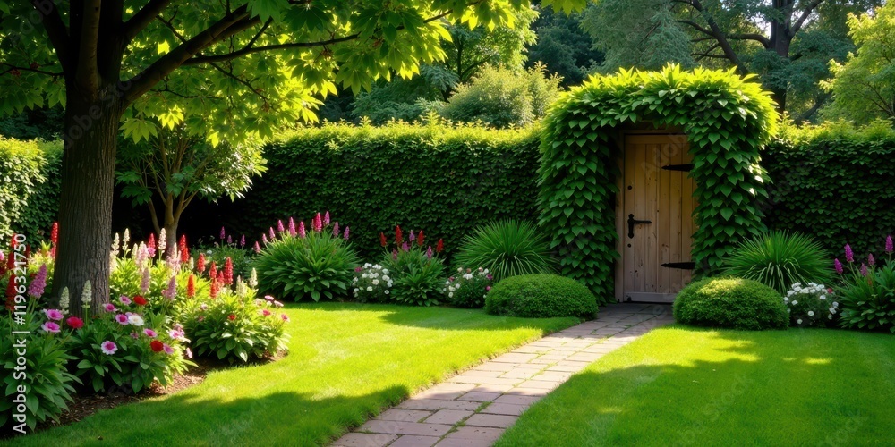 Obraz premium Serene Garden Path Leading to Wooden Doorway Concealed by Lush Green Foliage and Vibrant Blooming Flowers