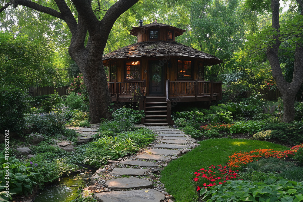 Wooden Gazebo Nestled In Lush Green Garden Wooden Gazebo Nestled In Lush Green Garden