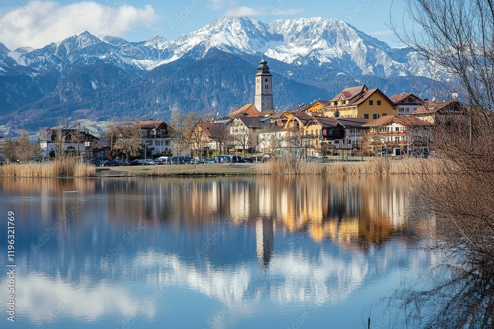 Fototapeta premium Enchanting Hall in Tyrol: Austrian Alpine Charm, Picturesque Village Scenery town photo image stock 