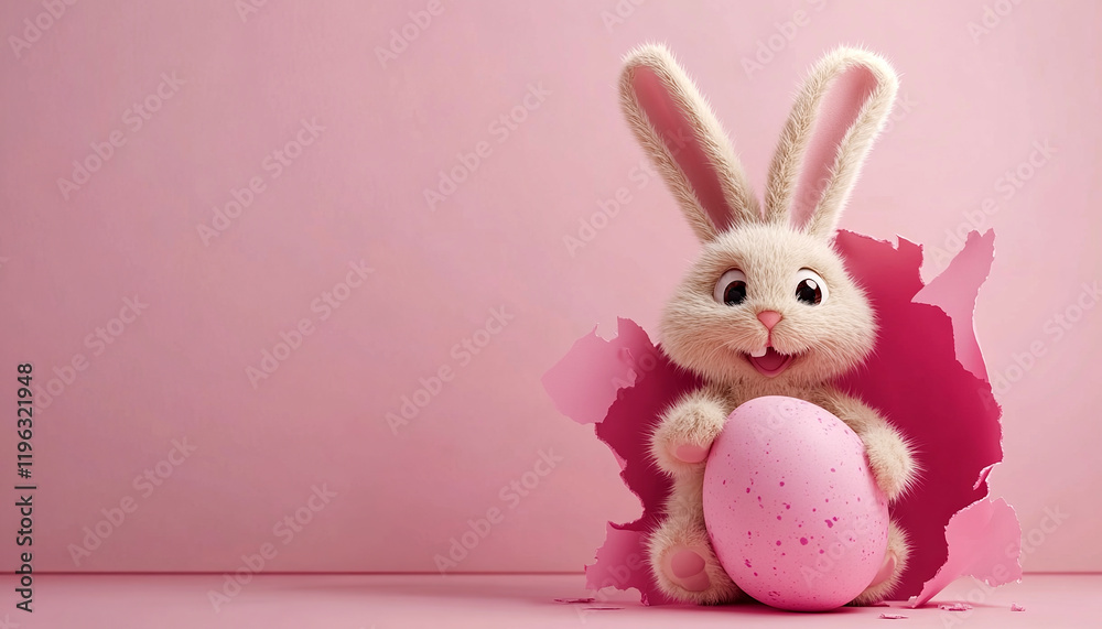 Fototapeta premium Cute 3d Plush Bunny Holding Egg Pink Background Copy Space Happy Easter Concept Greeting Card