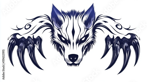 A stylized wolf head with intricate designs and sharp claws, symbolizing strength and power. photo