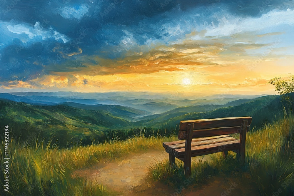 Solitude's Perch: A Wooden Bench Atop an Empty Hill, Peaceful View sky calm rest quiet rural grass Solitude's Perch: A Wooden Bench Atop an Empty Hill, Peaceful View sky calm rest quiet rural grass