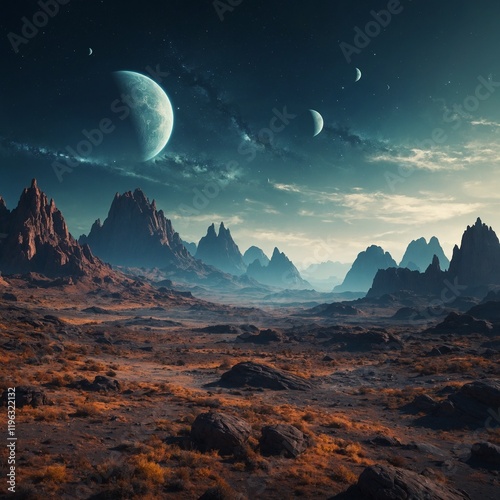 a fantastical alien landscape with a seamless space background, incorporating distinct layers to enhance the design for a game application.

