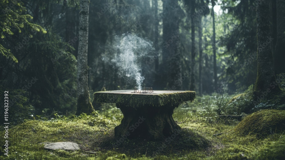 An altar in a tranquil forest with incense smoke rising, symbolizing harmony with nature
