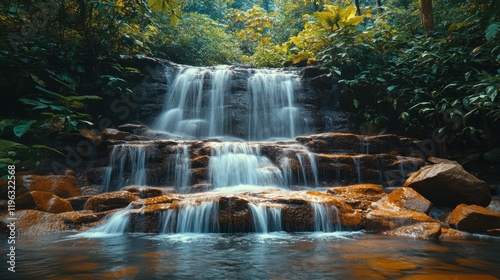 Serene waterfall cascading over rocks in a lush green forest, creating a tranquil natural scene