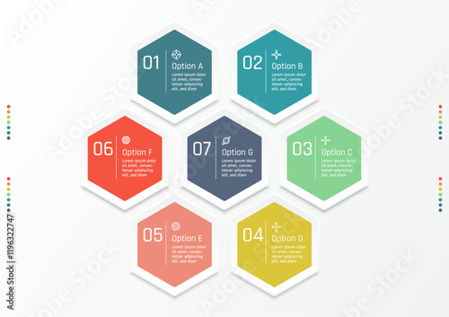 7 options business infographic template, group of seven hexagon frame in various colors, also with number and signs