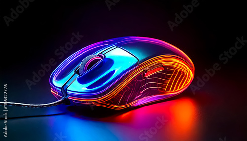 colorful neon black computer mouse, dark background 