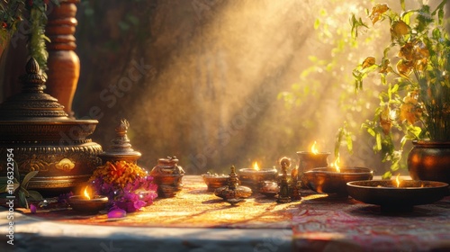 An ancient Vedic altar with ritual items, soft golden light illuminating sacred symbols photo