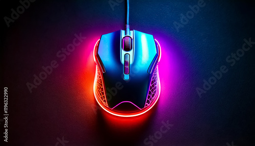 colorful neon black computer mouse, dark background 