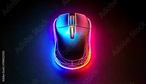 colorful neon black computer mouse, dark background 