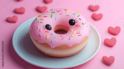 Cute pink donut with sprinkles and hearts on a plate. photo