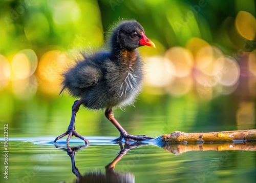 Adorable Fluffy Black Moorhen Chick with Long Toes Walking on Branch