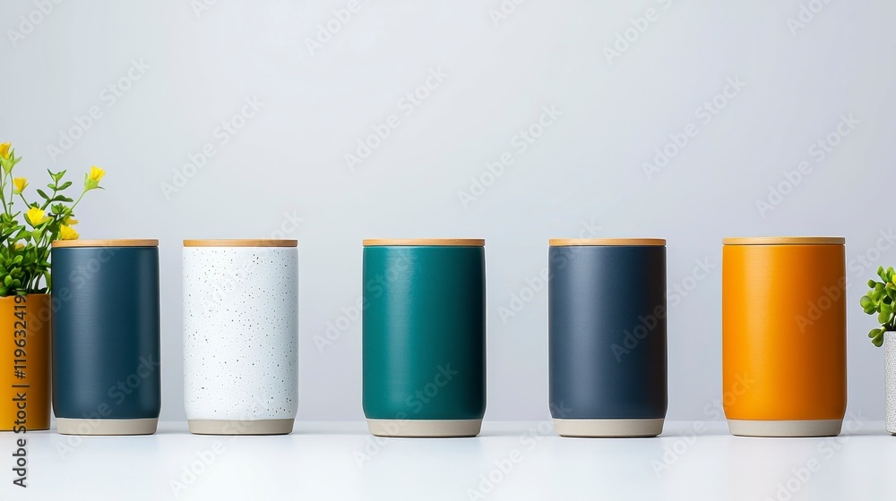 Five stylish insulated mugs in various colors displayed on a clean surface with plants nearby Five stylish insulated mugs in various colors displayed on a clean surface with plants nearby