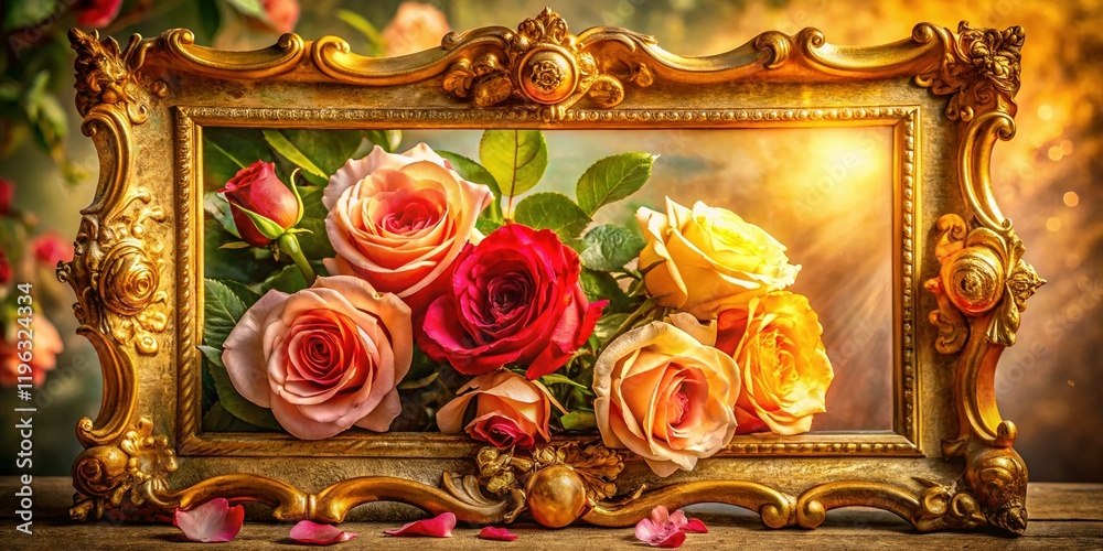 Fototapeta premium Baroque Golden Frame Rose Double Exposure Stock Photo - Elegant Floral Design