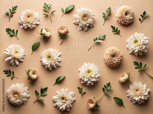 Beige Minimalist Floral Pattern: Cynical Flower Flat Lay Stock Photo