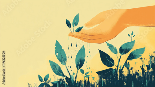 Illustration of a scene where a person's tears fall as seeds, instantly sprouting into illustrated plants