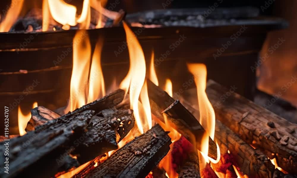 Flickering Fire in Wood Stove with Close-Up of Glowing Coals Flickering Fire in Wood Stove with Close-Up of Glowing Coals