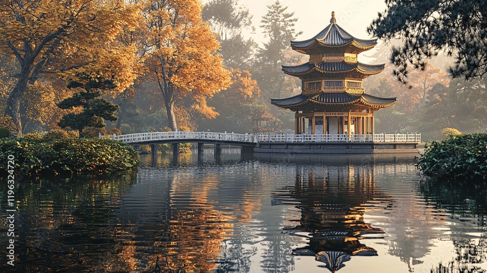 A serene pagoda by the water showcases exquisite architectural detail, surrounded by gentle ripples and soft hues that foster a calming ambiance for reflection and appreciation of nature. A serene pagoda by the water showcases exquisite architectural detail, surrounded by gentle ripples and soft hues that foster a calming ambiance for reflection and appreciation of nature.