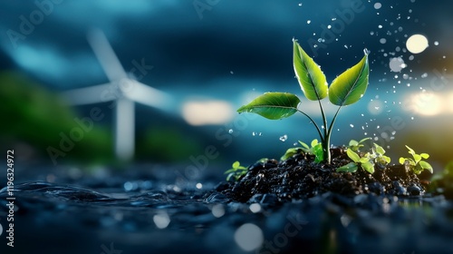 Fresh green plant sprouts in wet soil with wind turbines and a stormy sky in the background