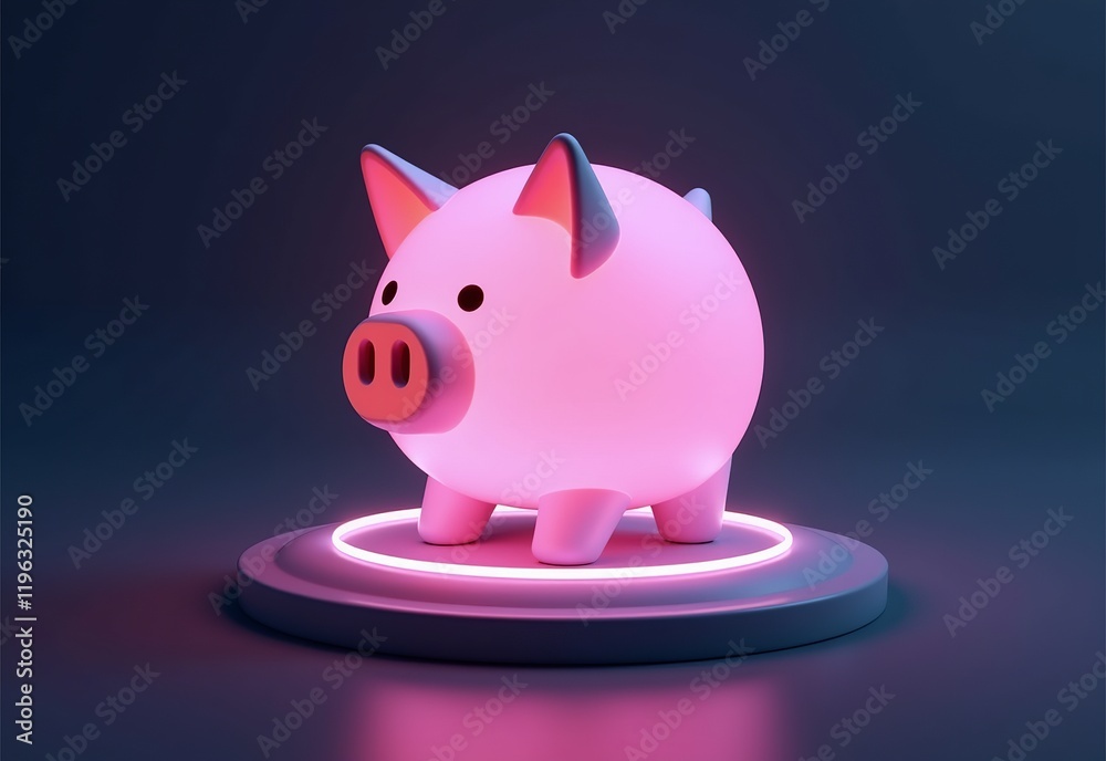 3D Illustration Featuring a Shimmering Piggy Bank on a Futuristic Platform, Representing the Concept of Savings and Financial Growth