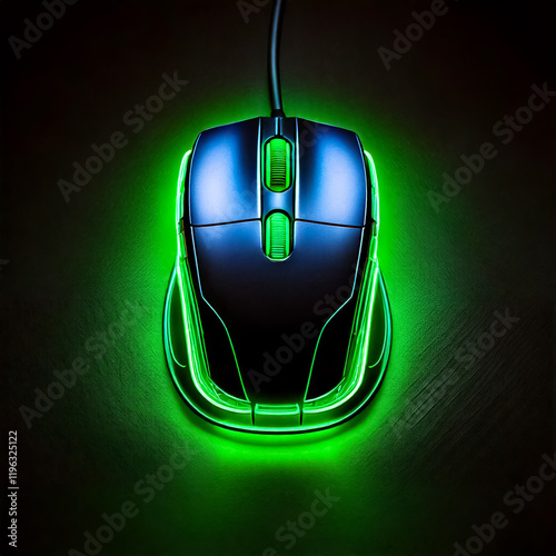 sustainable green neon black computer mouse, dark background 