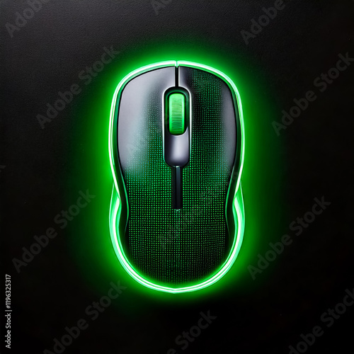sustainable green neon black computer mouse, dark background 