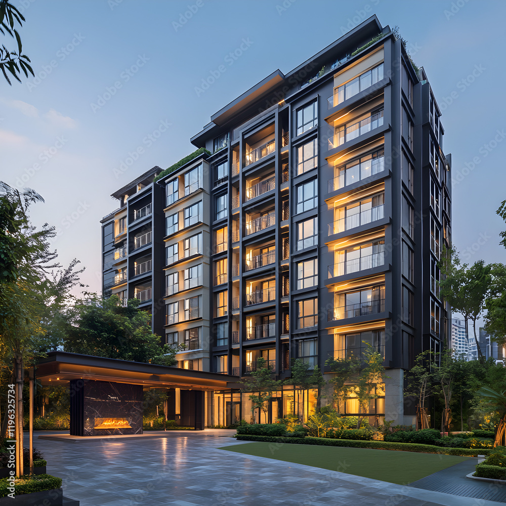 Obraz premium Modern Luxury Apartment Building at Dusk